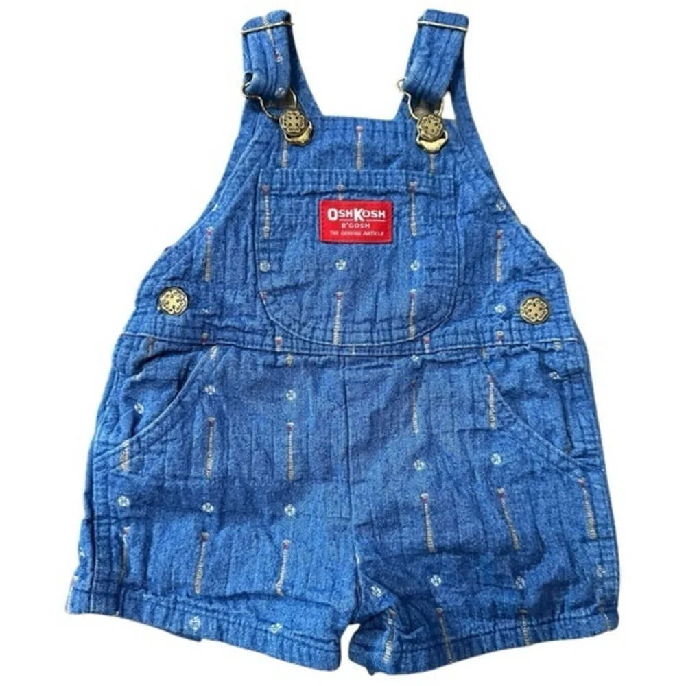 OshKosh B’Gosh Vestbak Vtg 3/6M Denim Baseball Embroidered Balls Bats Overalls